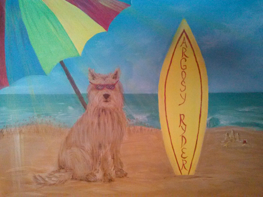 Dog with Argosy surf board